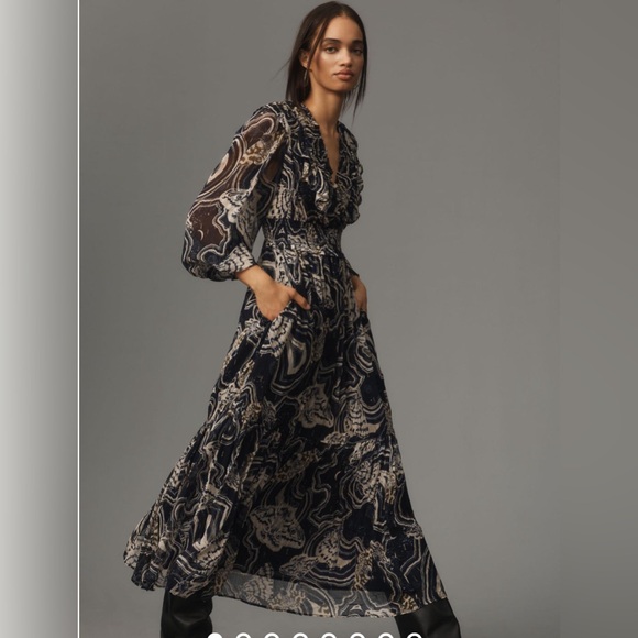 Anthropologie by Painter Johnson V-neck Textured Midi Dress Navy Size XSP NWT - Picture 4 of 9